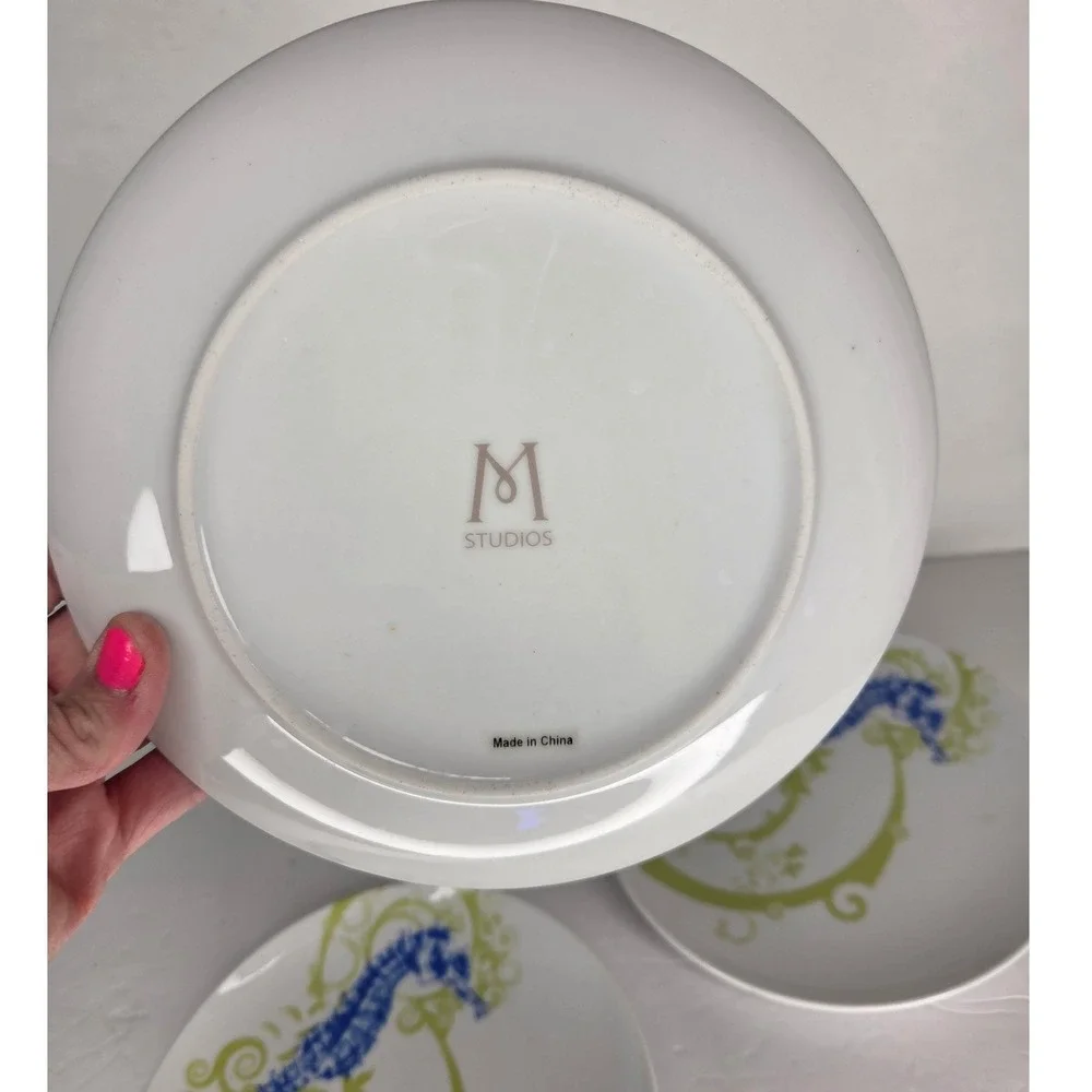 M Studios Seahorse Salad Plates Set Blue Lime‎ Green Coastal Nautical Magenta